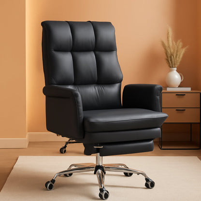 Executive Office Chair, PU Leather Ergonomic Office Desk Chair with Footrest, Reclining and Swivel Chair, Black-0