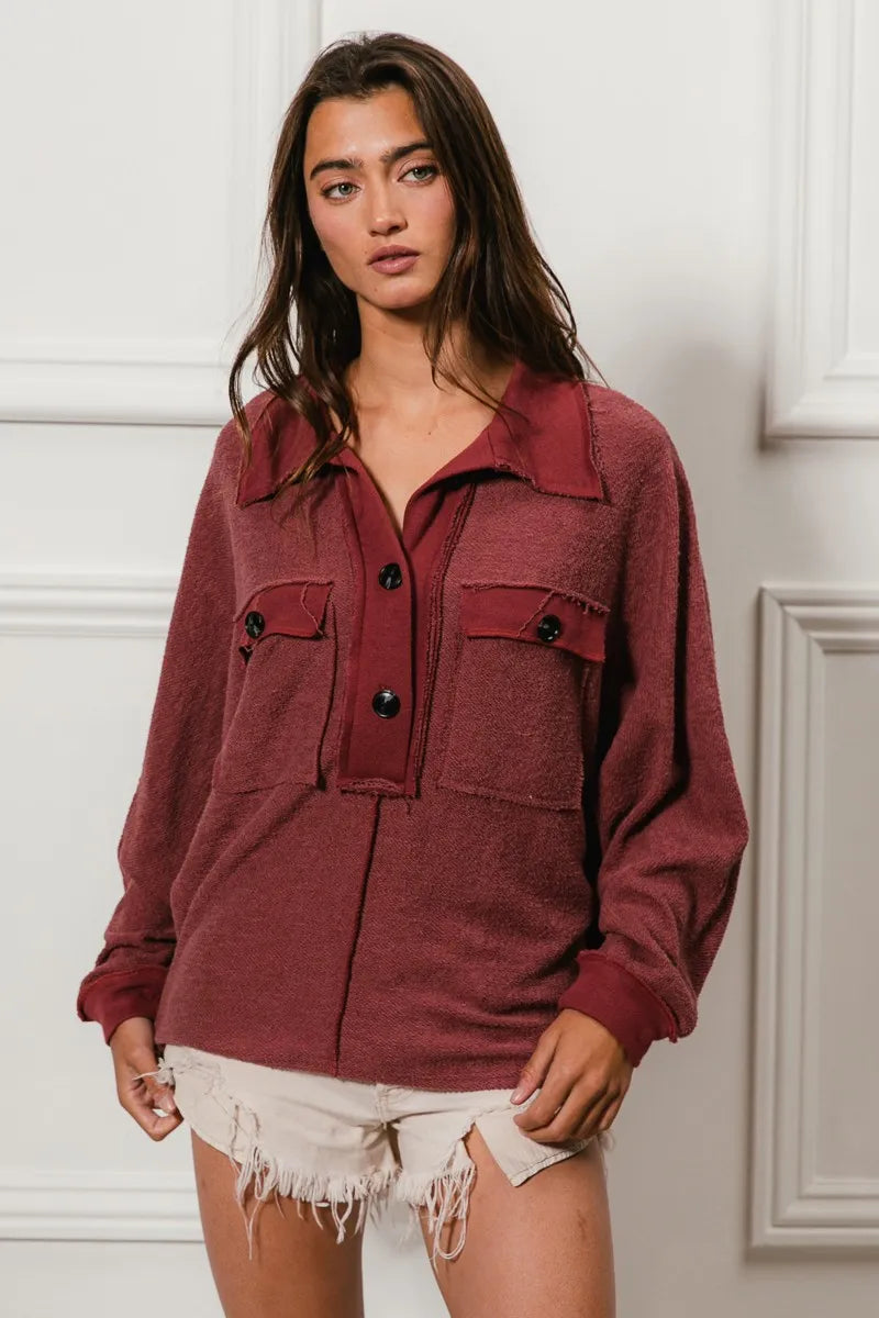 BiBi Cp French Terry Cut Edge Detail Collared Top