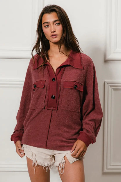 BiBi Cp French Terry Cut Edge Detail Collared Top