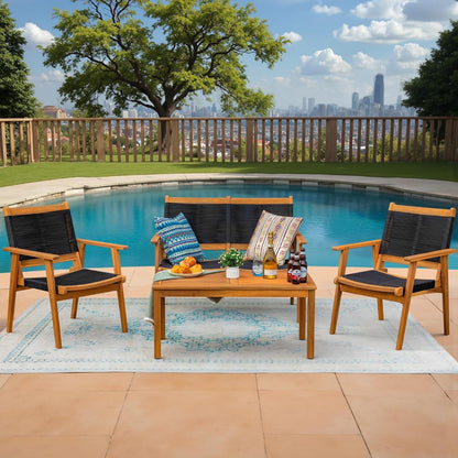 Acacia Wood Patio Conversation Set with Comfortable Rope Seats-1