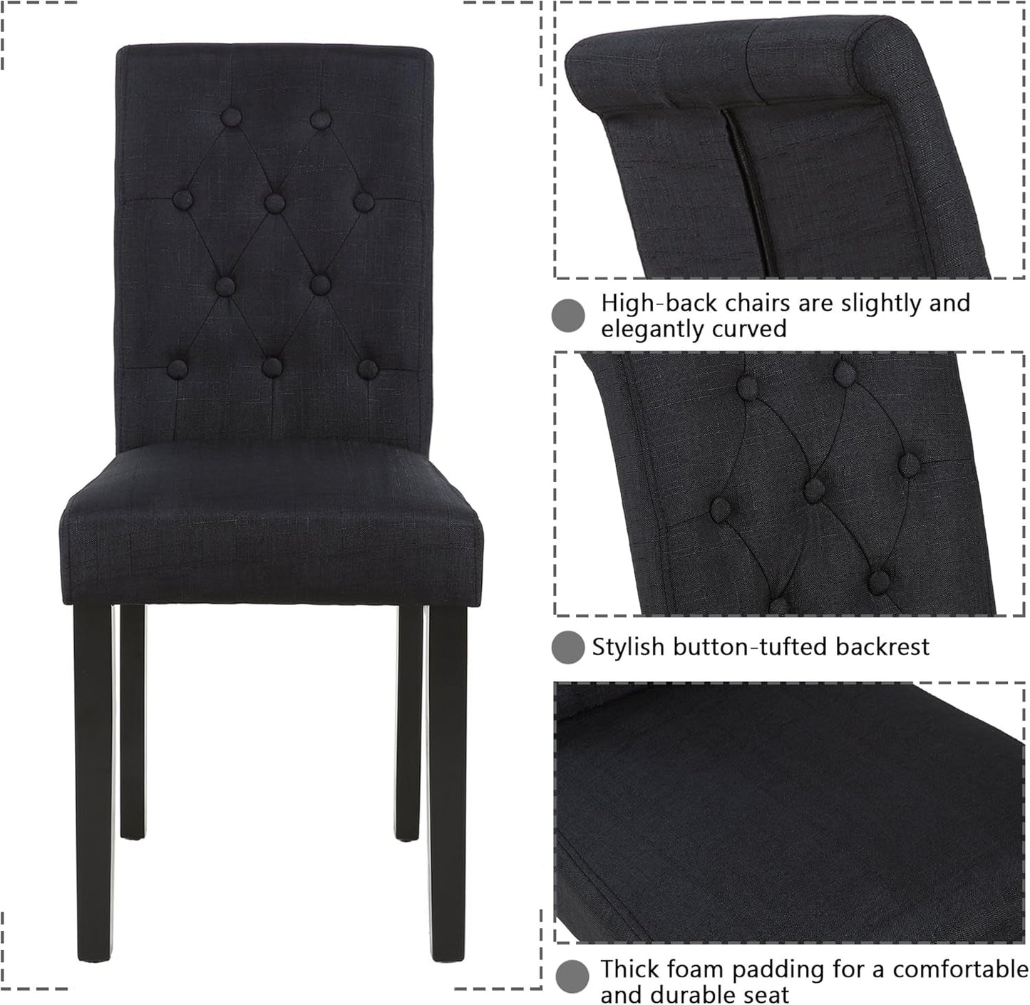 Set of 2 Upholstered Fabric Dining Chairs with Button-Tufted Details (Black)-3