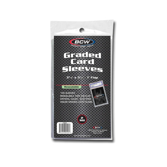 Pack of BCW 1-RGCS resealable graded card sleeves for protected storage