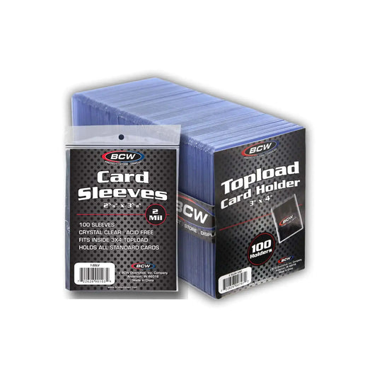 Image of BCW 3x4 topload card holders and clear soft card sleeves for protection