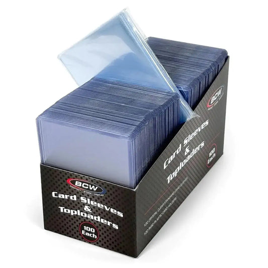 Card sleeves and toploaders in a box for trading cards, including penny sleeves