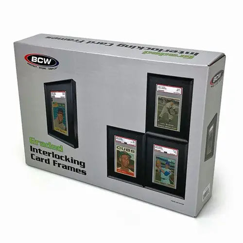Black BCW Interlocking Graded Card Frames packaging for secure graded card display