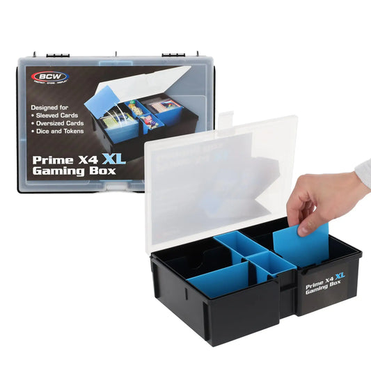 Black and blue BCW Prime X4 XL gaming card storage box for trading card organization