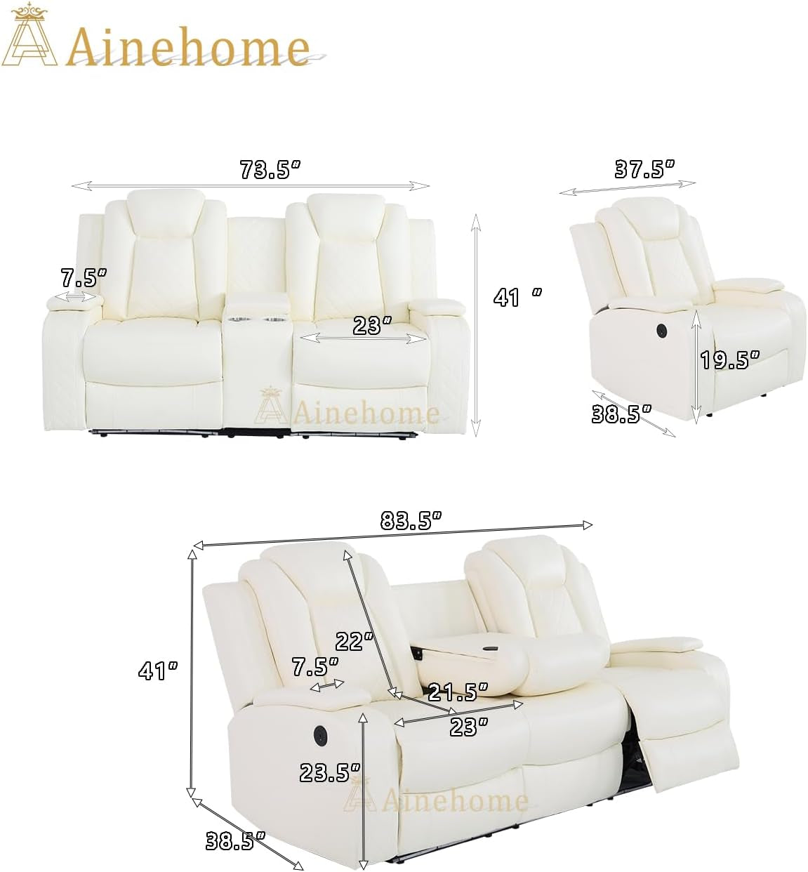 Luxury Living Room Furniture Sets Power Recliner Sectional Sofa Recliner Couch Set Recliner Leather Couch and Recliner Set Loveseat Chair for House/Office/Theater Seating(Creamy White)-1