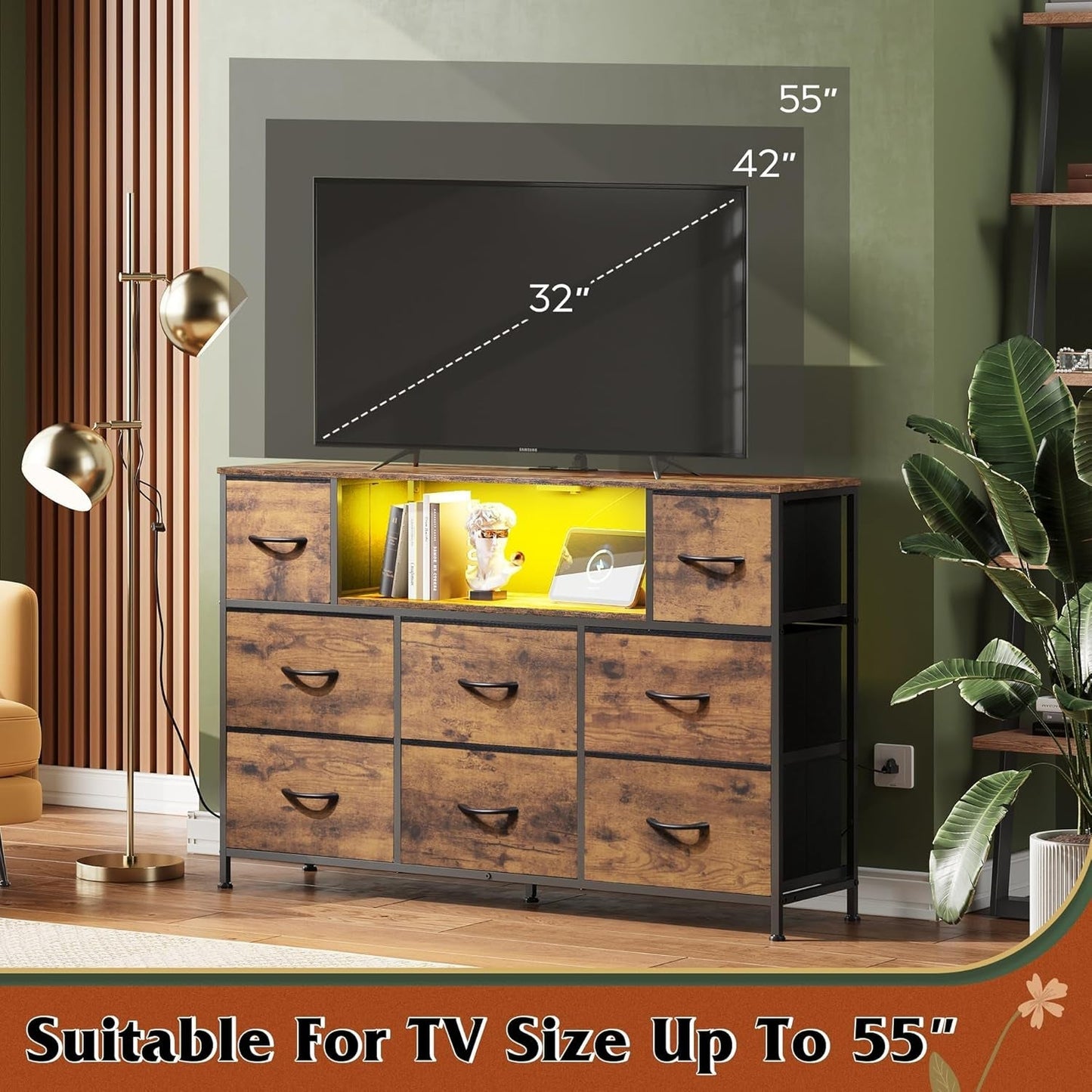 Dresser for Bedroom, TV Stand for Bedroom for 55 Inch TV with Charging Station and LED Lights, Fabric Chest of Drawers with Open Shelves, 8 Drawers Dressers for Living Room, Closet-3