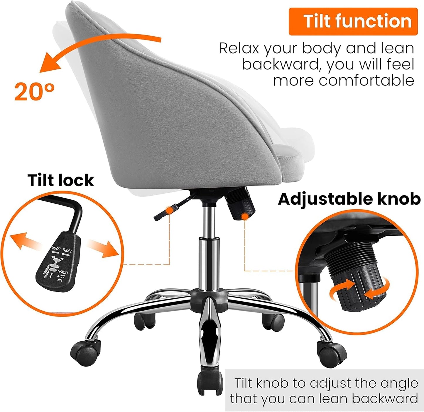 Velvet Desk Chair, Makeup Vanity Chair with Adjustable Tilt Angle, Modern Swivel Office Chair Upholstered Armchair Study Chair for Living Room and Makeup Room Light Gray-3