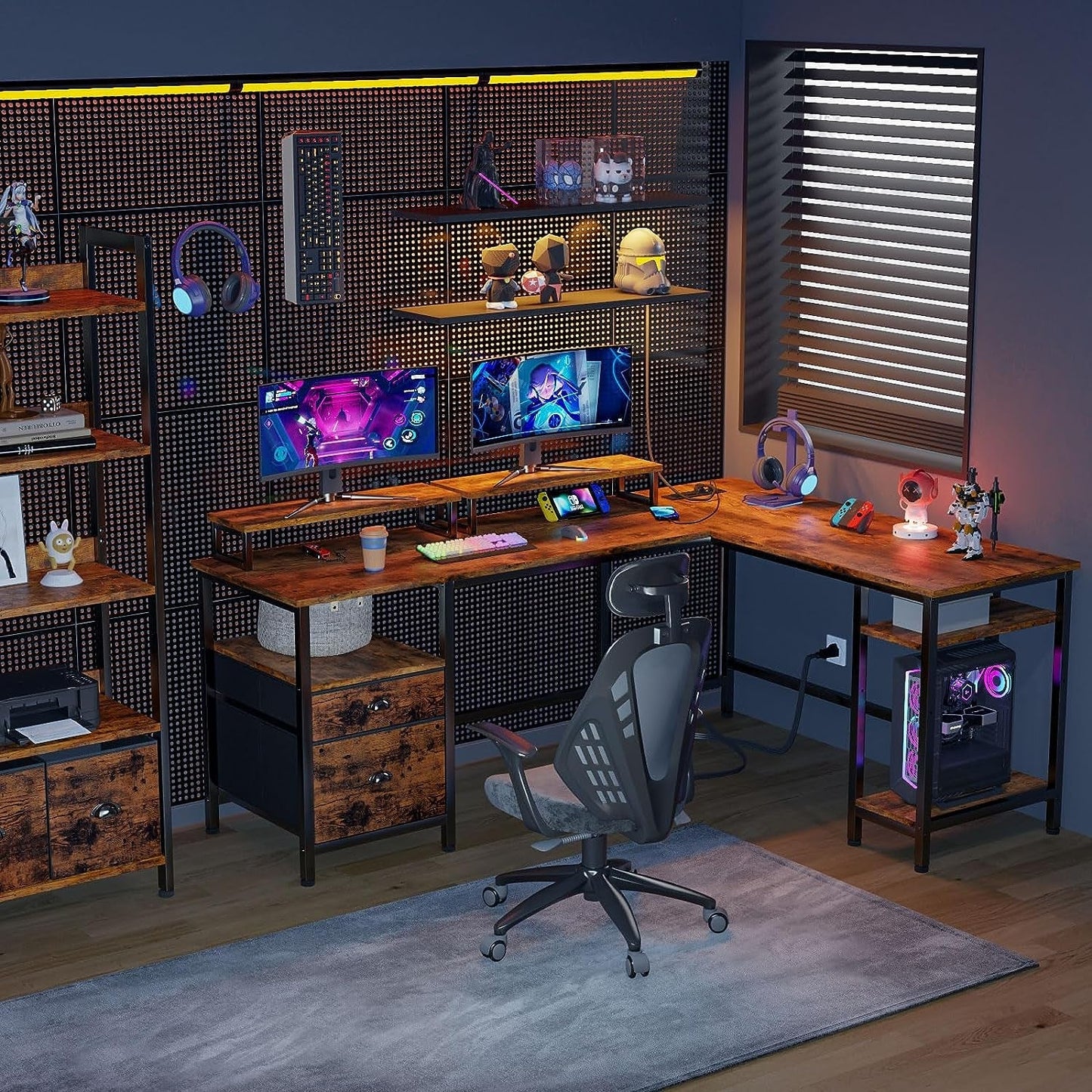 66" Rustic Brown L Desk Power File Drawers-1