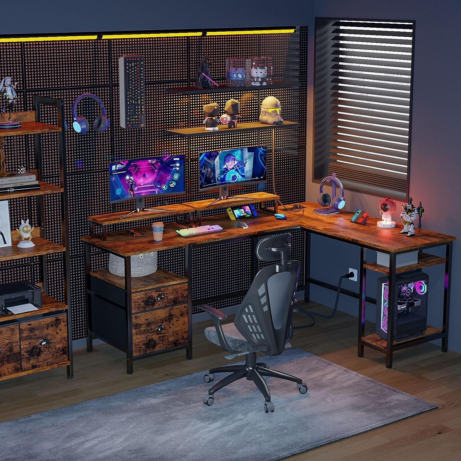 66" Rustic Brown L Desk Power File Drawers-1