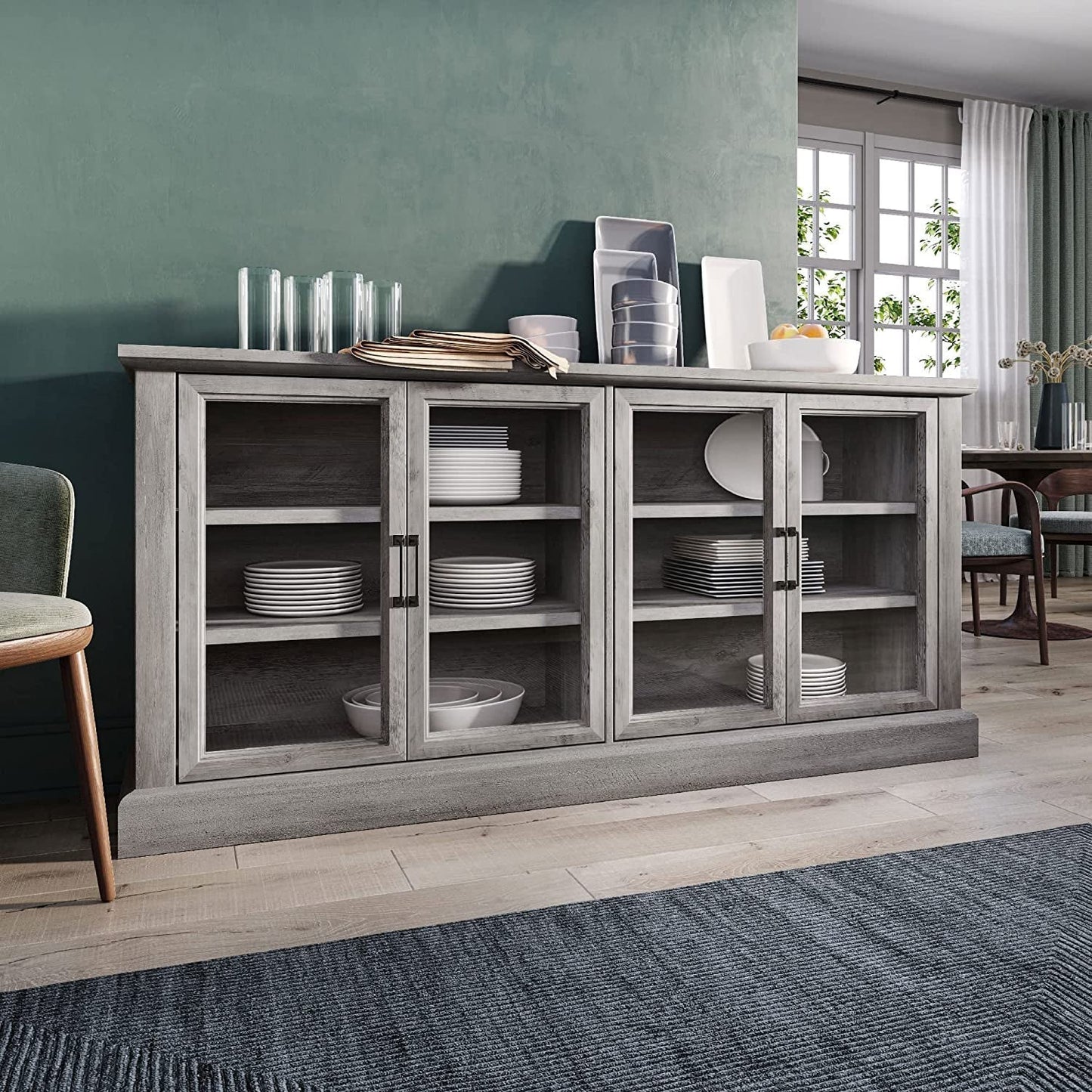 Gray Wash Sideboard with Glass Display Cabinet-1