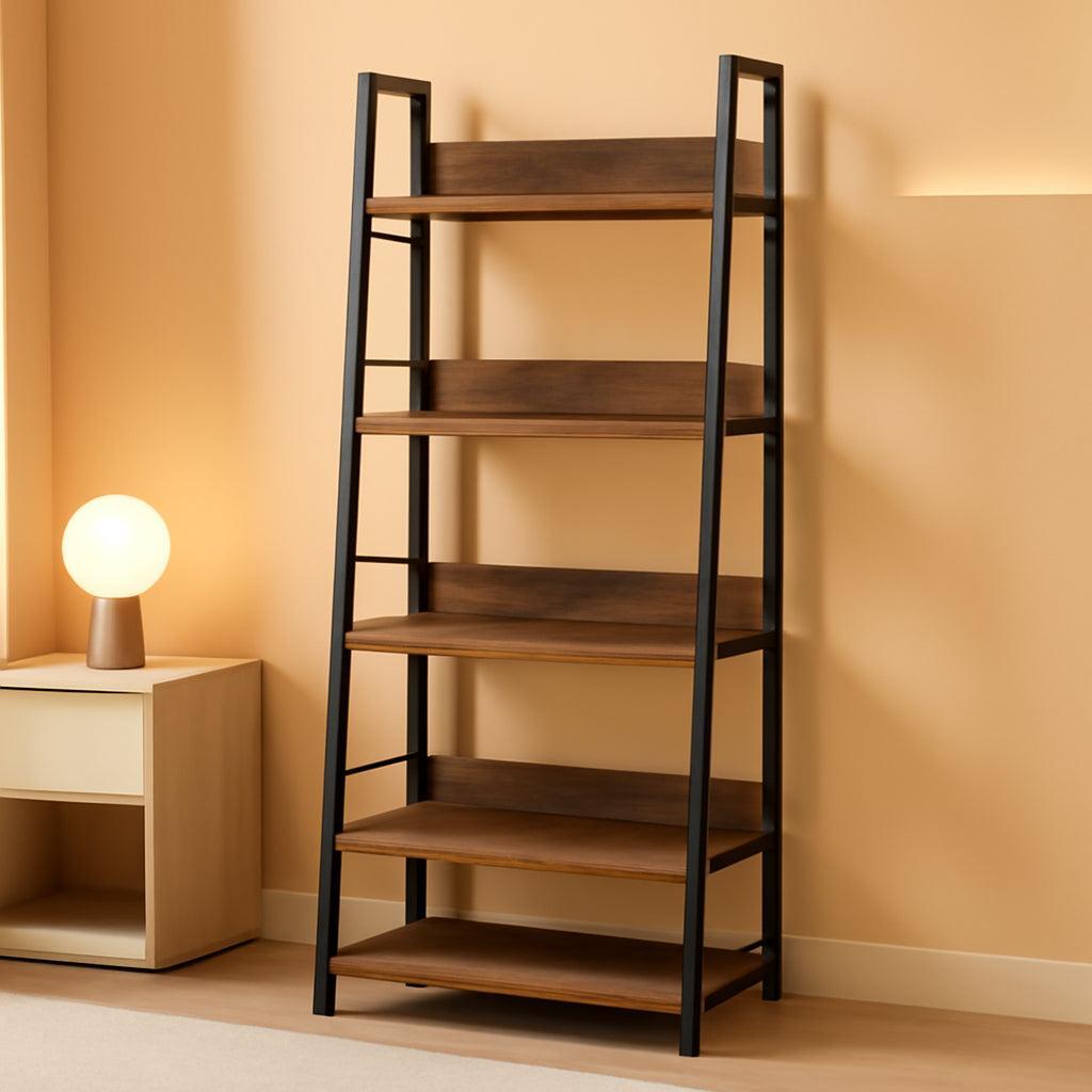 Industrial Ladder Shelf 5 Tier Bookshelf Rustic Brown-0