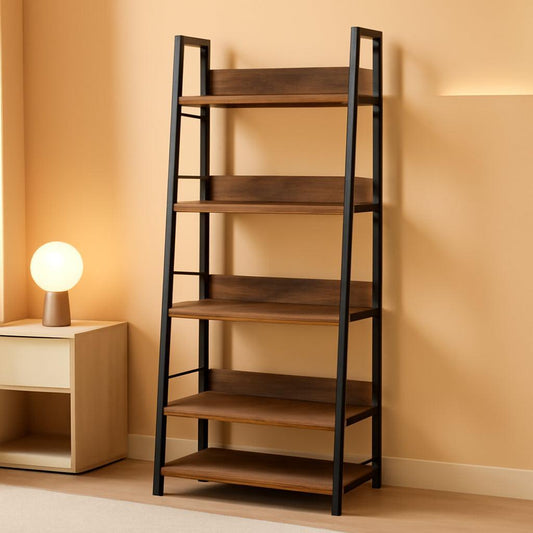 Industrial Ladder Shelf 5 Tier Bookshelf Rustic Brown-0
