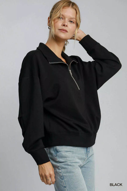 Umgee Half Zip Drop Shoulder Sweatshirt