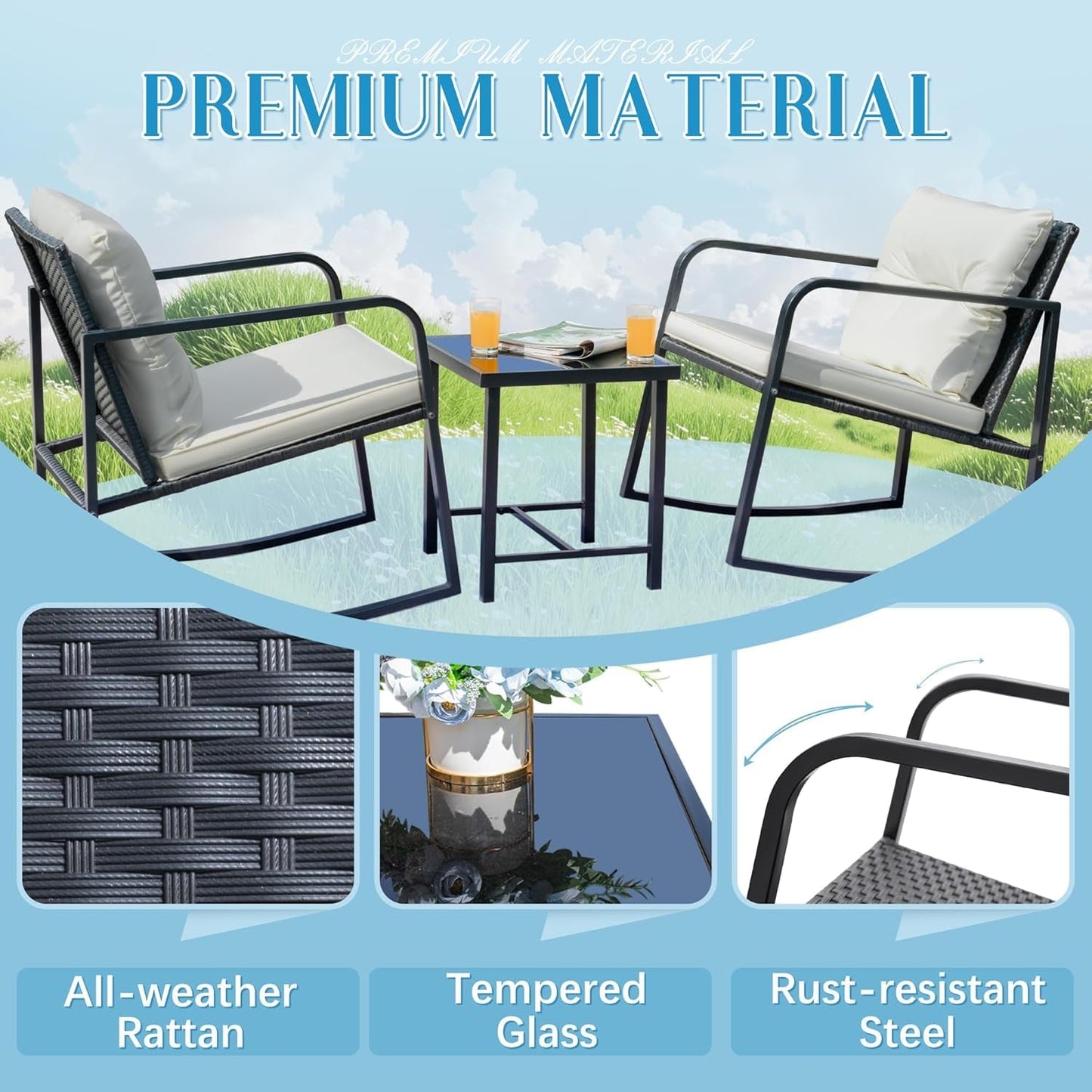 Patio Chairs 3 Piece Wicker Rocking Chair Outdoor Bistro Sets with Coffee Table and Cushions Metal Frame Patio Furniture for Porch, Balcony, Lawn (White)-2