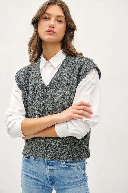 Be Cool Cable Knit V-Neck Sweater Vest - Charcoal / S/M