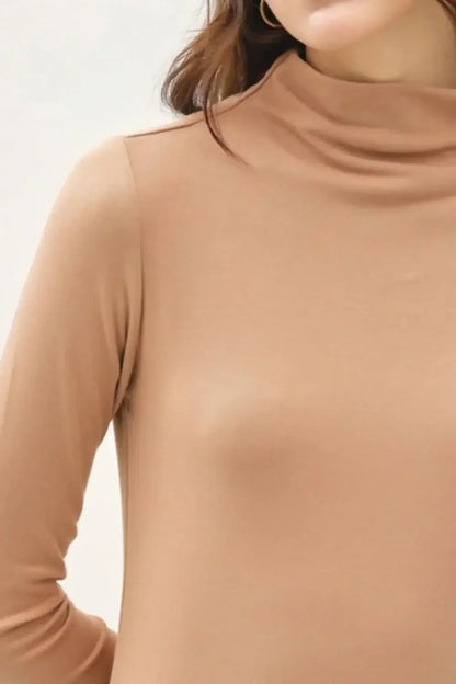 Beige mock neck long sleeve sweater with ribbed cuffs for the Be Cool Mock Neck Long Sleeve T-Shirt