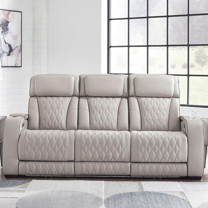 Boyington Contemporary Leather Match Power Reclining Sofa with USB Charging Ports, LED Lights and Adjustable Headrest, Light Gray-1
