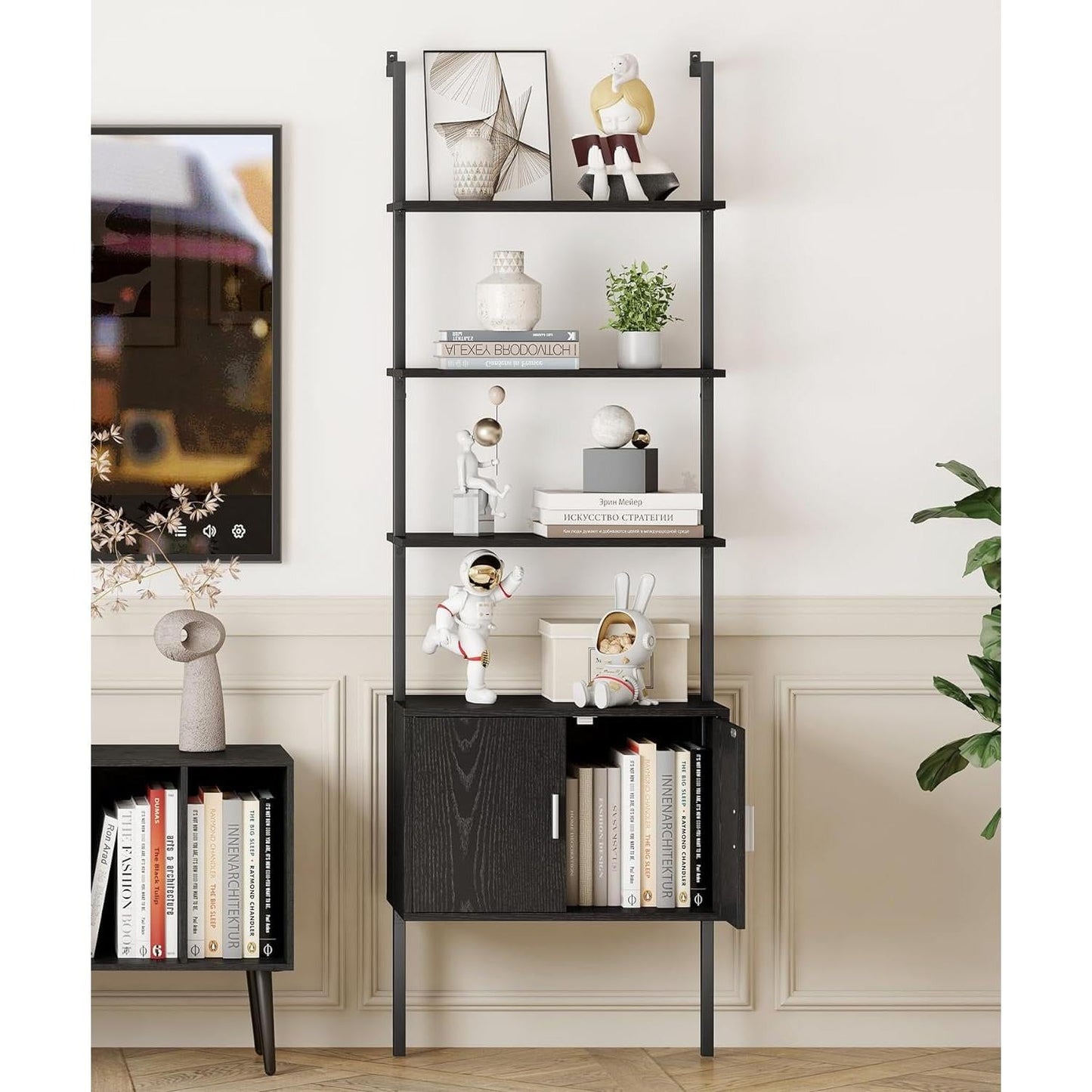 73" Tall Bookshelf with Cabinet, Industrial Ladder Wall Mount Shelf Bookcase with Wood and Metal Frame, Plant Shelf Wall Storage Display for Living Room Bedroom, Black Wood Grain-2