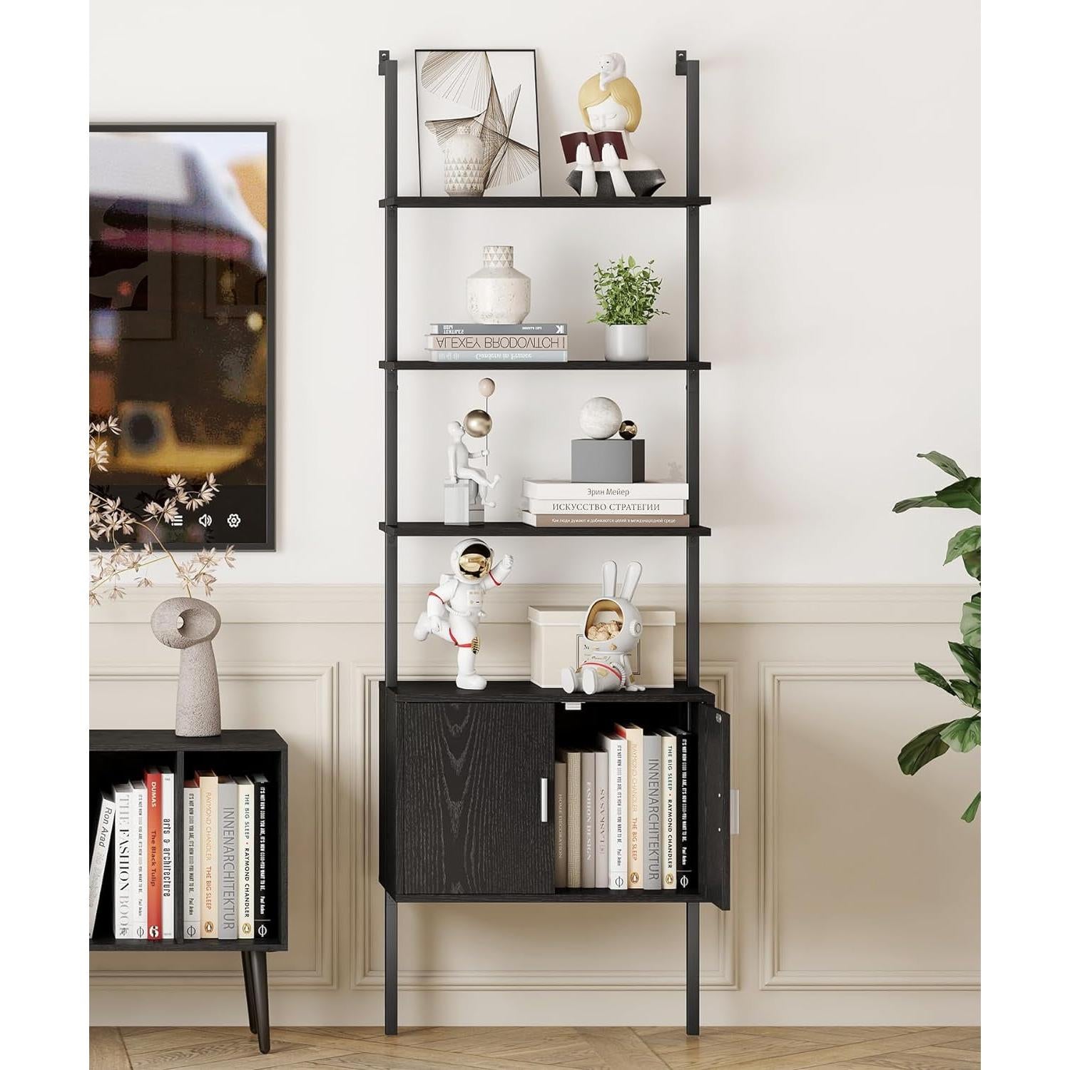 73" Tall Bookshelf with Cabinet, Industrial Ladder Wall Mount Shelf Bookcase with Wood and Metal Frame, Plant Shelf Wall Storage Display for Living Room Bedroom, Black Wood Grain-2
