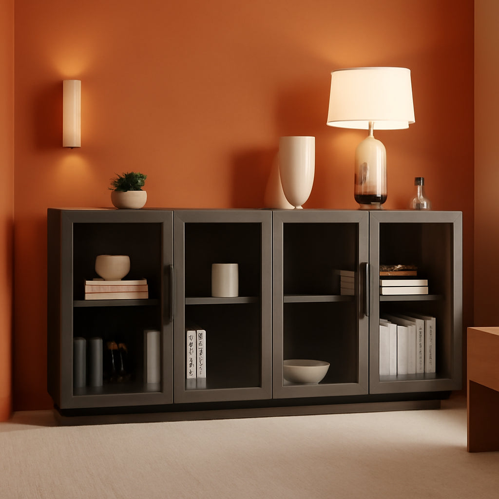 Sideboard Buffet Cabinet, Modern Wood Glass-Buffet-Sideboard with Storage, Console Table for Kitchen, Dining Room, Living Room, Hallway, or Entrance - Brixston (Grey)-0