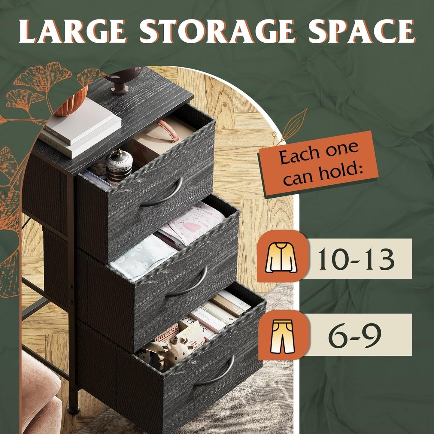 Nightstand with 3 Drawers, Fabric Dresser, Organizer Unit, Storage Dresser for Bedroom, Hallway, Entryway, Closets, Steel Frame, Wood Top, Easy Pull Handle, Charcoal Black Wood Grain Print-4