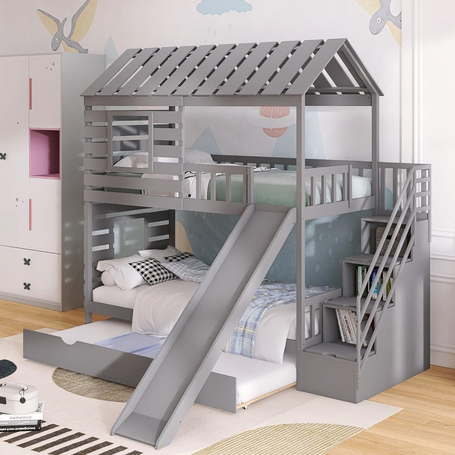 Twin over Twin House Bunk Bed, Wooden Bed Frame with Trundle and Slide, Storage Staircase, Roof and Window Design, Gray-0
