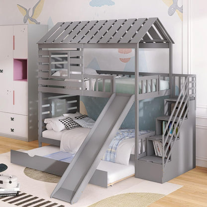 Twin over Twin House Bunk Bed, Wooden Bed Frame with Trundle and Slide, Storage Staircase, Roof and Window Design, Gray-0