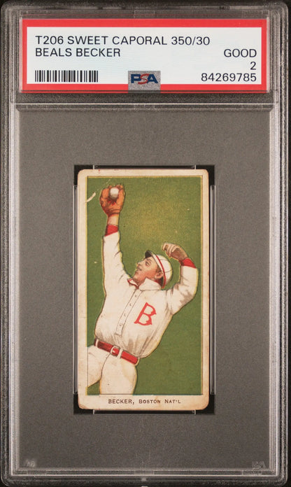 PSA-graded T206 Sweet Caporal baseball card of Beals Becker capturing a leaping catch