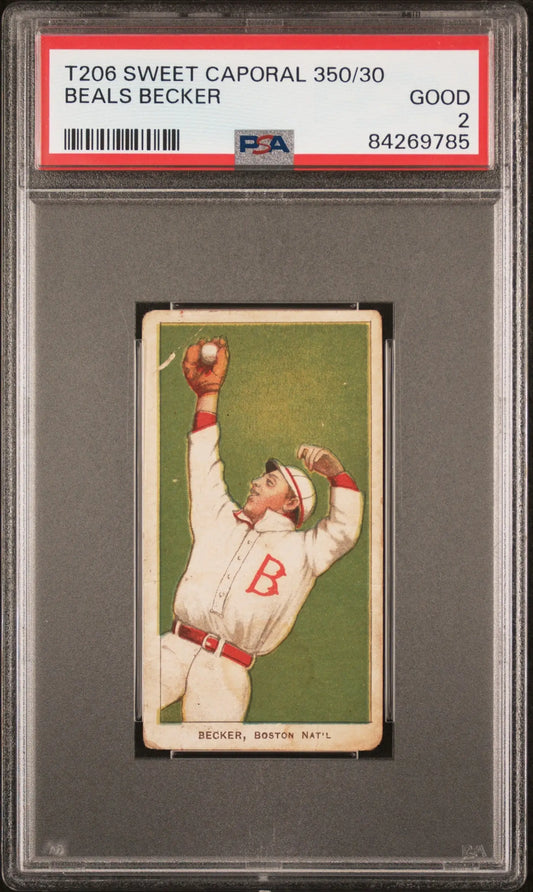 PSA-graded T206 Sweet Caporal baseball card of Beals Becker capturing a leaping catch