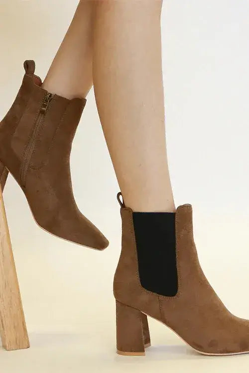 Beast Fashion Faux Suede Block Heel Chelsea Boots with Elastic Side Panel - Coffee Brown / 6