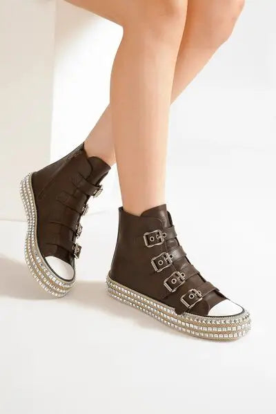 Beast Fashion Multi-Buckle Straps Studded Platform Sneakers - Dark Brown / 5.5 - Multi-Buckle Straps Studded Platform