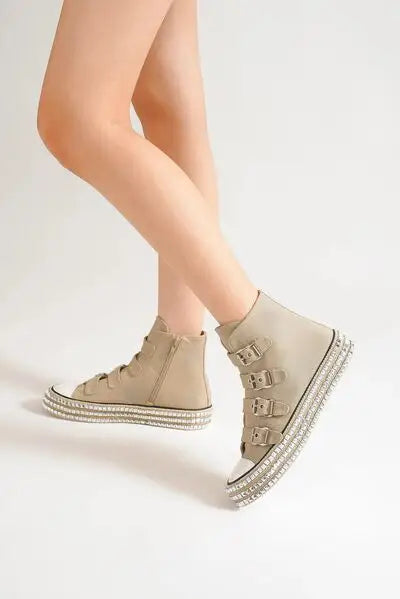 Beast Fashion Multi-Buckle Straps Studded Platform Sneakers - Khaki / 5.5 - Multi-Buckle Straps Sneakers