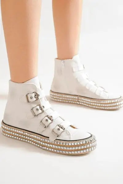 Beast Fashion Multi-Buckle Straps Studded Platform Sneakers - White / 5.5 - Sneakers