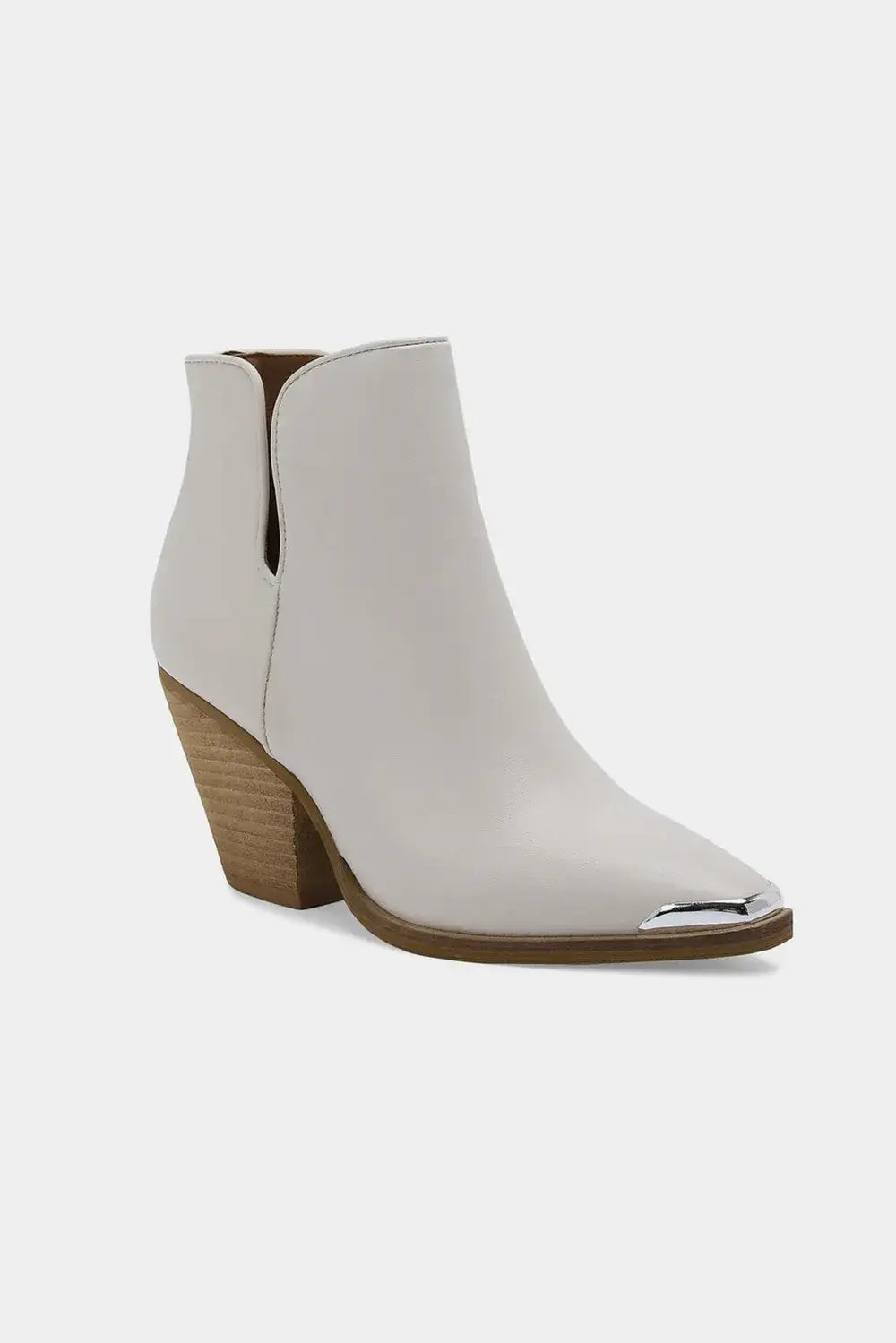 White patent leather block heel ankle boots with metallic toe cap and stacked heel