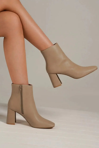 Beast Fashion PU Leather Block Heel Boots with Side Zippers - Nude / 6