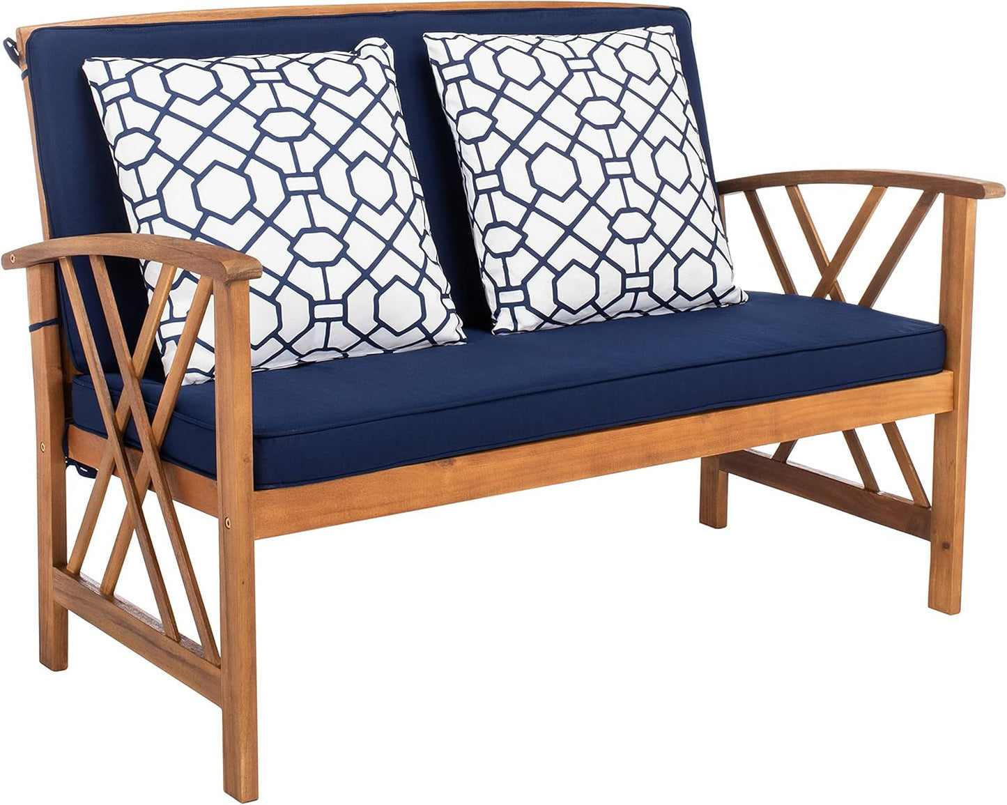 Outdoor Collection Fontana Natural/ Navy Blue Cushions/ Geometric Pattern Pillows 4-Piece Conversation Patio Set-3