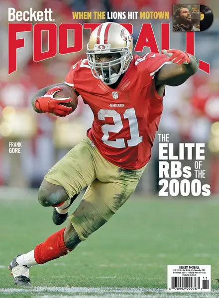 Beckett Football Card Monthly November 2025 featuring Frank Gore of the San Francisco 49ers
