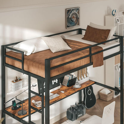 Loft Bed Twin Size with Desk, Metal Loft Bed Frame with Power Outlet and LED Lighted, Space-Saving, Noise Free, Black-3