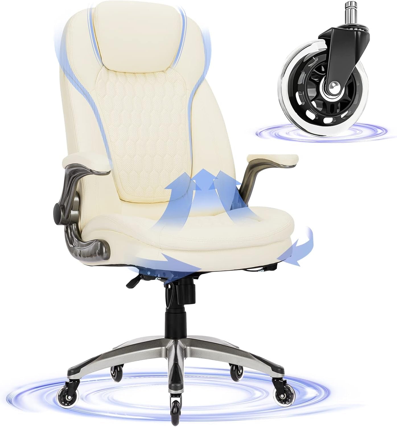 Executive Office Chair-Ergonomic Computer Desk Chair with Upgraded Caster for Swivel, High Back Office Chair with Padded Flip-Up Arms, Stylish Leather Chair Thicken Seat for Comfort (Ivory, 300Lbs)-0