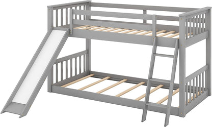 Grey Low Twin Bunk Bed with Slide and Ladder-4