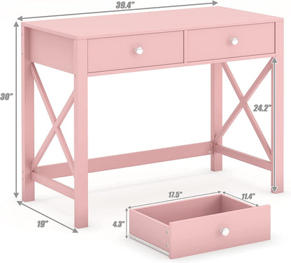 Pink Modern Writing Computer Desk with Drawers-2