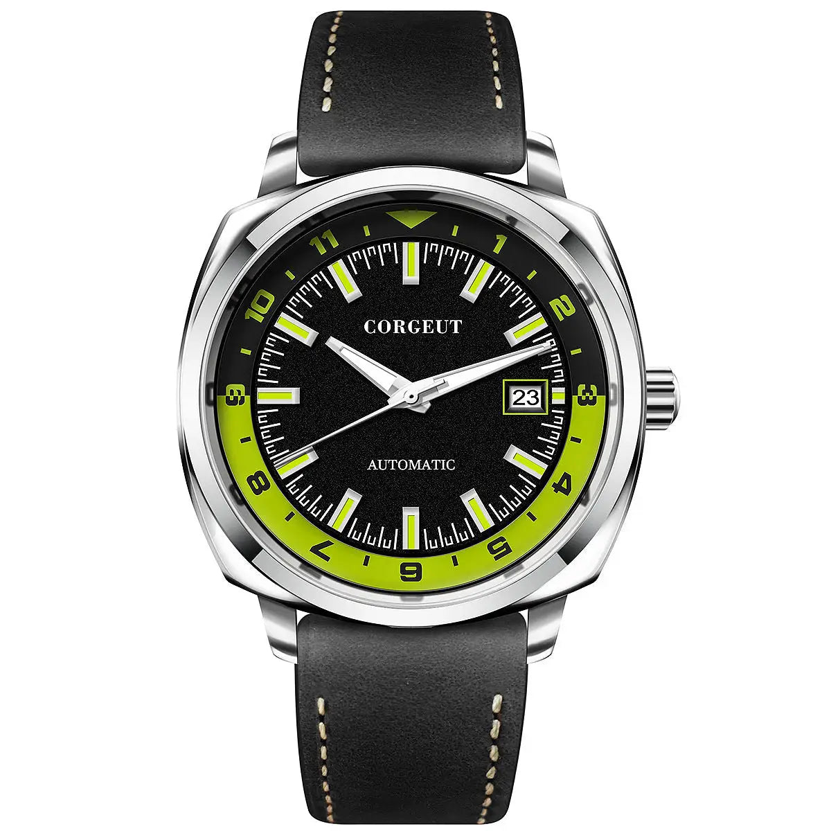 Men’s black and lime green automatic watch with leather strap and steel black surface
