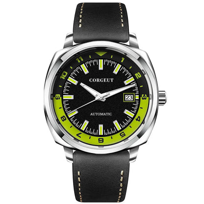 Men’s black and lime green automatic watch with leather strap and steel black surface