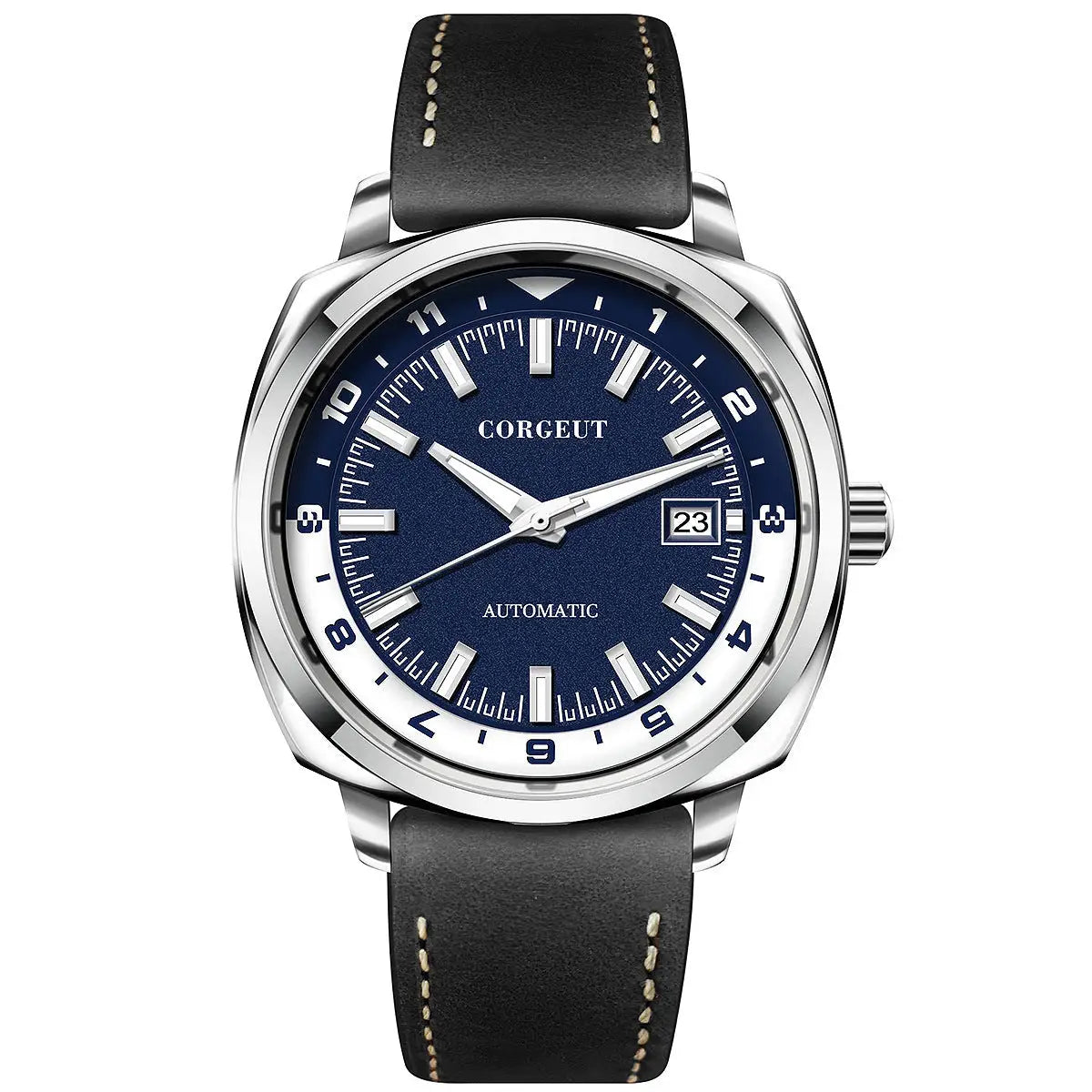 Men’s stainless steel watch with blue dial, white markers, black leather strap, steel black surface