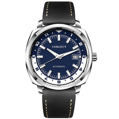 Men’s stainless steel watch with blue dial, white markers, black leather strap, steel black surface