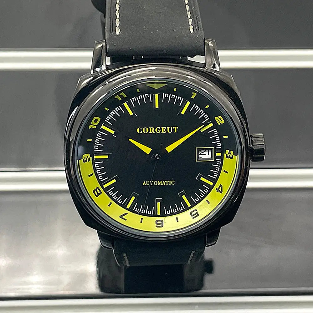 Black and yellow automatic men’s watch with steel black surface and date display