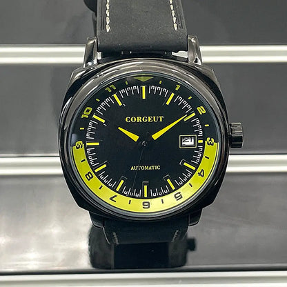 Black and yellow automatic men’s watch with steel black surface and date display