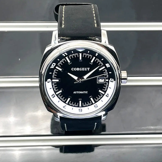 Black surface automatic men’s watch with date display and black leather strap